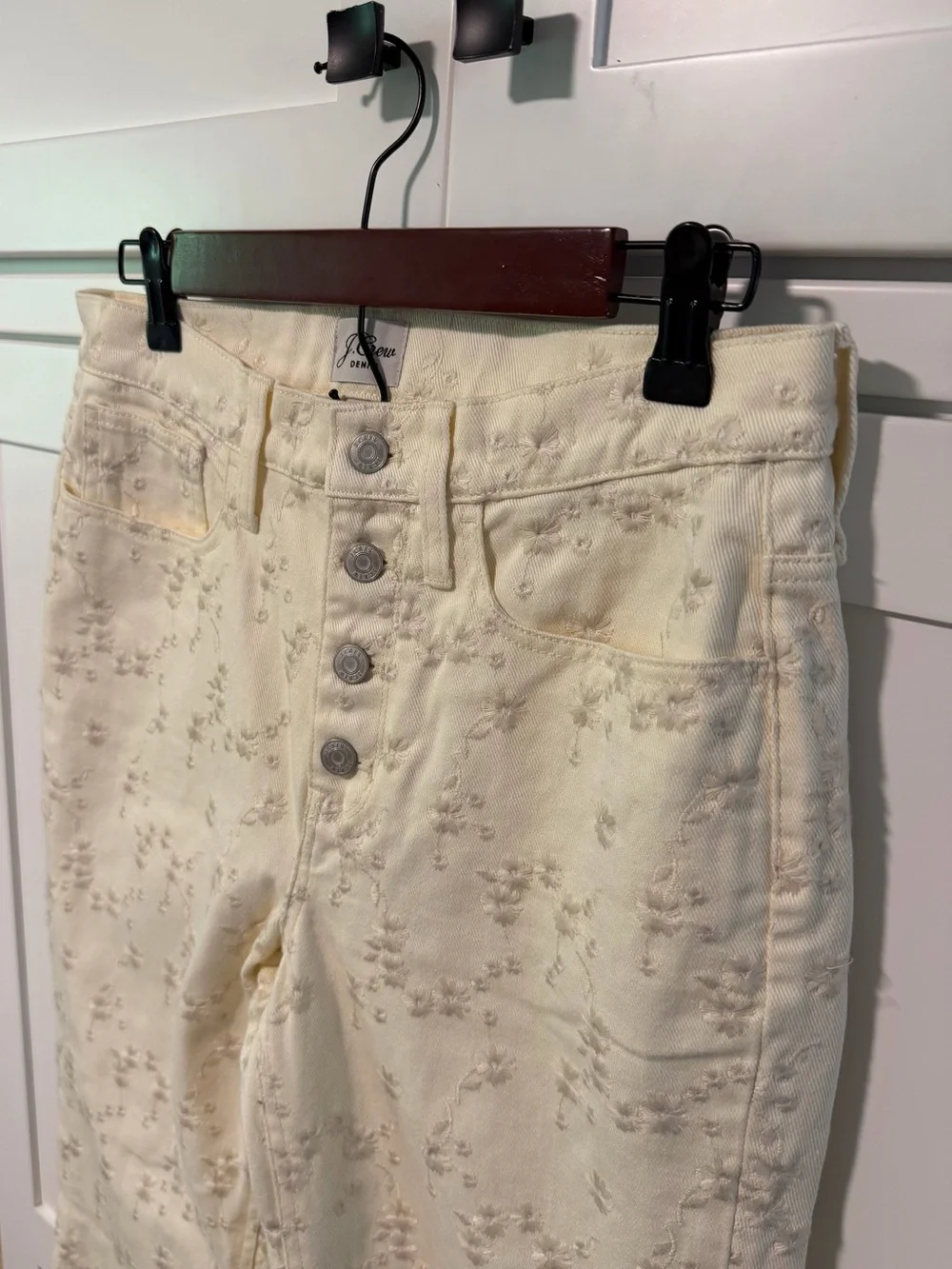 J. Crew High Rise Billie Demi Boot Crop Cream Jeans with Embroidery